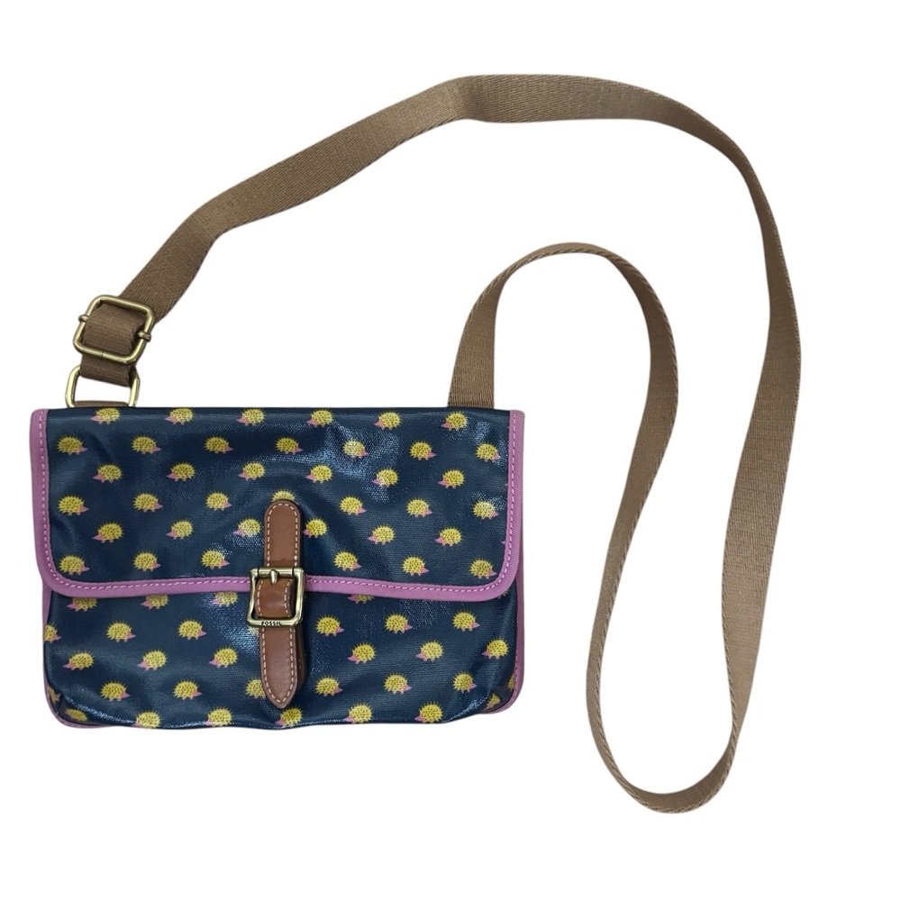 Fossil Canvas Coated Hedgehog Print Crossbody Bag Purse Navy Pink 9.5” X 6.5”
